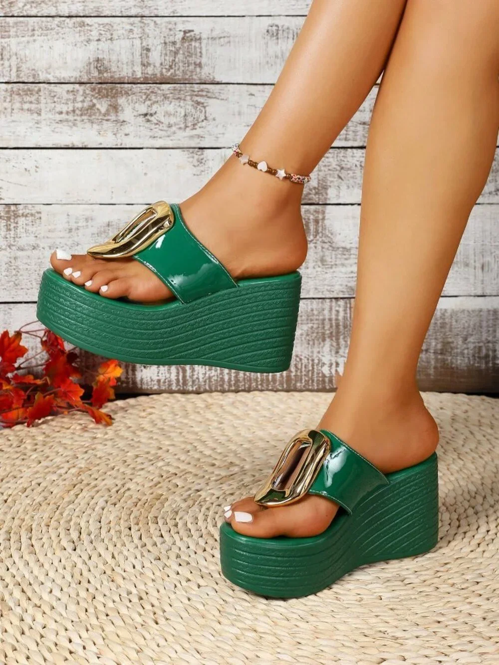 Green Women's Metal Buckle Wedge Heel Sandals